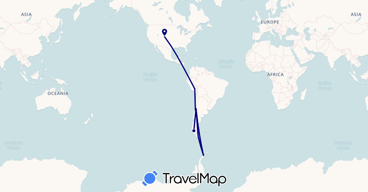 TravelMap itinerary: driving in Argentina, Chile, Peru, United States (North America, South America)